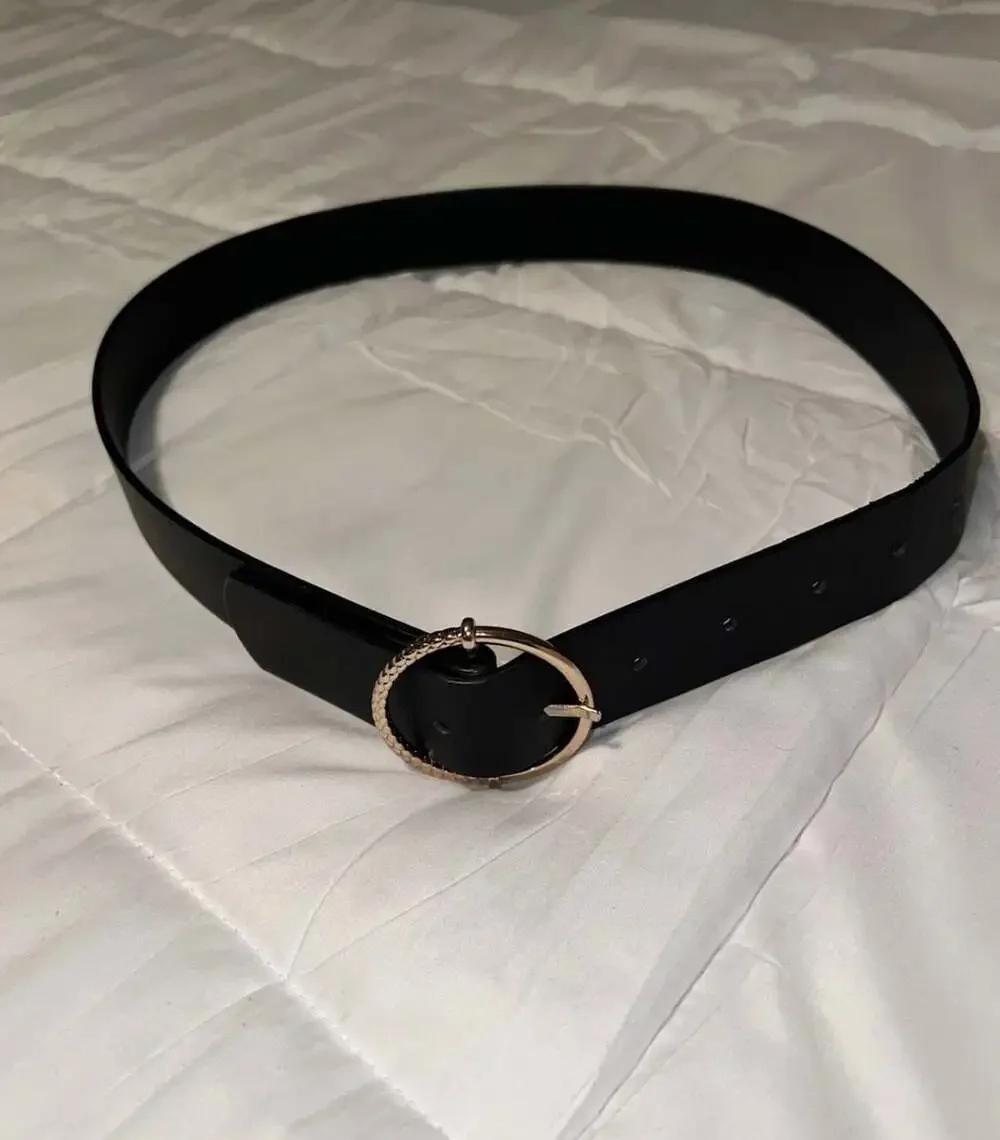 Anne Klein Black Leather Belt with Gold-Tone Textured Ring Buckle